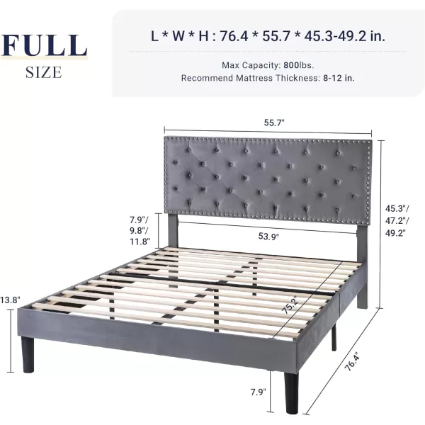 Allewie King Bed Frame Velvet Upholstered Platform Bed with Adjustable Diamond Button Tufted ampamp Nailhead Trim Headboard Wood Slat Support Easy Assembly No Box Spring Needed Dark GreenLight Grey