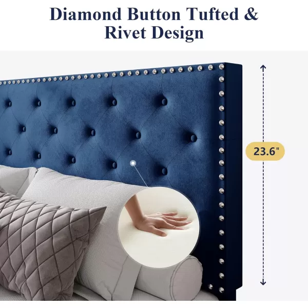 Allewie King Bed Frame Velvet Upholstered Platform Bed with Adjustable Diamond Button Tufted ampamp Nailhead Trim Headboard Wood Slat Support Easy Assembly No Box Spring Needed Dark GreenNavy Blue