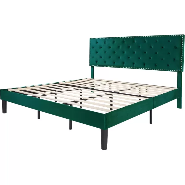 Allewie King Bed Frame Velvet Upholstered Platform Bed with Adjustable Diamond Button Tufted ampamp Nailhead Trim Headboard Wood Slat Support Easy Assembly No Box Spring Needed Dark GreenDark Green