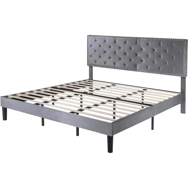 Allewie King Bed Frame Velvet Upholstered Platform Bed with Adjustable Diamond Button Tufted ampamp Nailhead Trim Headboard Wood Slat Support Easy Assembly No Box Spring Needed Dark GreenLight Grey