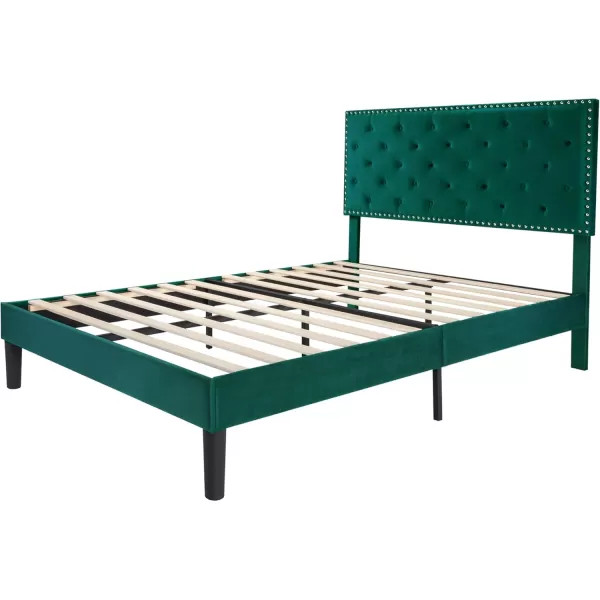 Allewie King Bed Frame Velvet Upholstered Platform Bed with Adjustable Diamond Button Tufted ampamp Nailhead Trim Headboard Wood Slat Support Easy Assembly No Box Spring Needed Dark GreenDark Green