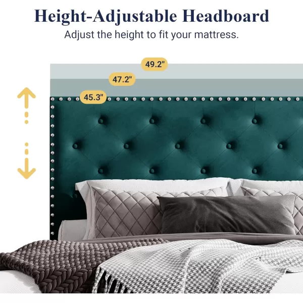 Allewie King Bed Frame Velvet Upholstered Platform Bed with Adjustable Diamond Button Tufted ampamp Nailhead Trim Headboard Wood Slat Support Easy Assembly No Box Spring Needed Dark GreenTeal Blue