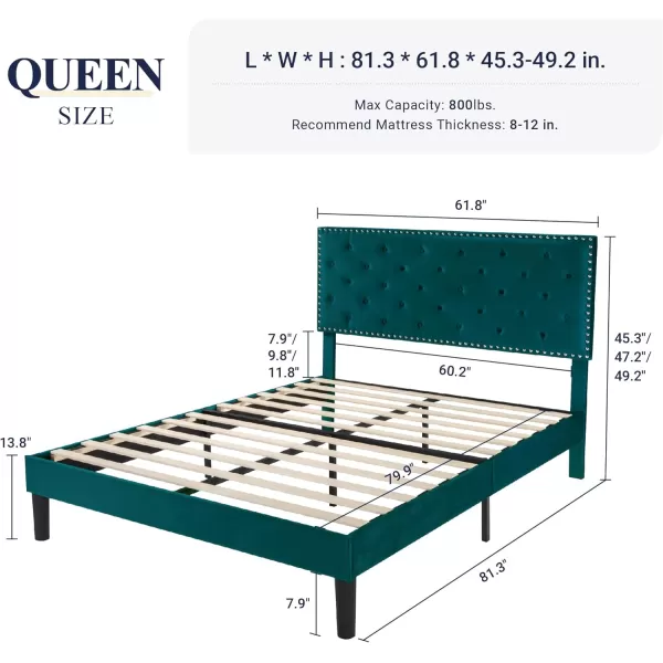 Allewie King Bed Frame Velvet Upholstered Platform Bed with Adjustable Diamond Button Tufted ampamp Nailhead Trim Headboard Wood Slat Support Easy Assembly No Box Spring Needed Dark GreenTeal Blue