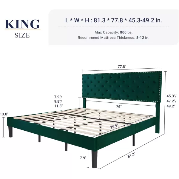 Allewie King Bed Frame Velvet Upholstered Platform Bed with Adjustable Diamond Button Tufted ampamp Nailhead Trim Headboard Wood Slat Support Easy Assembly No Box Spring Needed Dark GreenDark Green