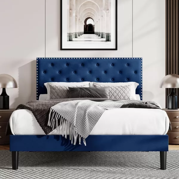 Allewie King Bed Frame Velvet Upholstered Platform Bed with Adjustable Diamond Button Tufted ampamp Nailhead Trim Headboard Wood Slat Support Easy Assembly No Box Spring Needed Dark GreenNavy Blue