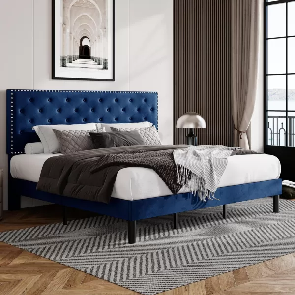 Allewie King Bed Frame Velvet Upholstered Platform Bed with Adjustable Diamond Button Tufted ampamp Nailhead Trim Headboard Wood Slat Support Easy Assembly No Box Spring Needed Dark GreenNavy Blue