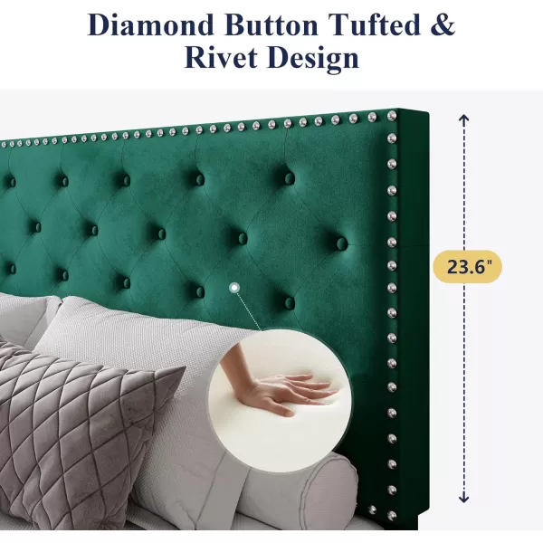 Allewie King Bed Frame Velvet Upholstered Platform Bed with Adjustable Diamond Button Tufted ampamp Nailhead Trim Headboard Wood Slat Support Easy Assembly No Box Spring Needed Dark GreenDark Green