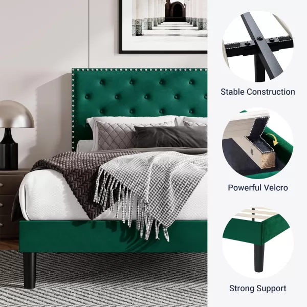 Allewie King Bed Frame Velvet Upholstered Platform Bed with Adjustable Diamond Button Tufted ampamp Nailhead Trim Headboard Wood Slat Support Easy Assembly No Box Spring Needed Dark GreenDark Green