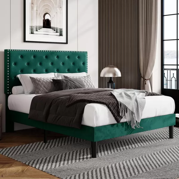 Allewie King Bed Frame Velvet Upholstered Platform Bed with Adjustable Diamond Button Tufted ampamp Nailhead Trim Headboard Wood Slat Support Easy Assembly No Box Spring Needed Dark GreenDark Green