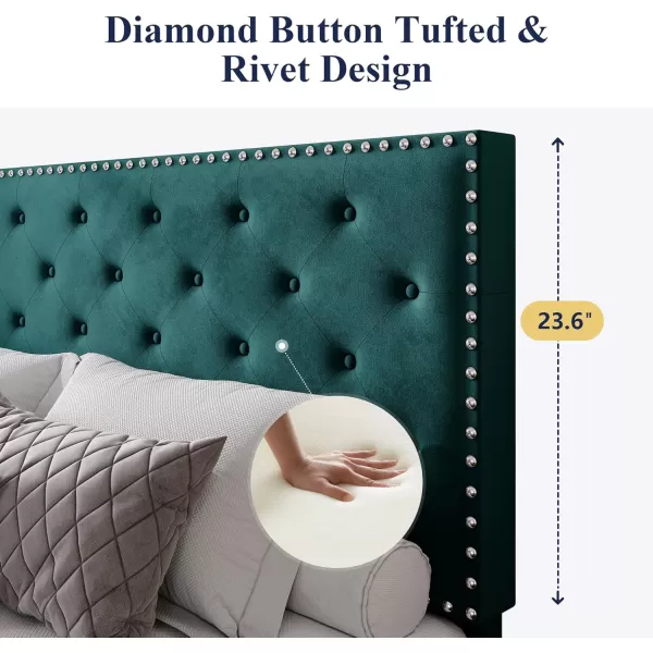 Allewie King Bed Frame Velvet Upholstered Platform Bed with Adjustable Diamond Button Tufted ampamp Nailhead Trim Headboard Wood Slat Support Easy Assembly No Box Spring Needed Dark GreenTeal Blue