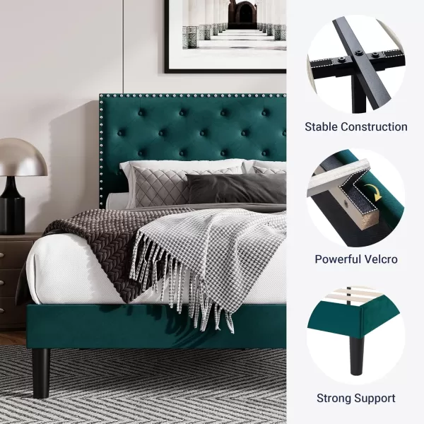 Allewie King Bed Frame Velvet Upholstered Platform Bed with Adjustable Diamond Button Tufted ampamp Nailhead Trim Headboard Wood Slat Support Easy Assembly No Box Spring Needed Dark GreenTeal Blue