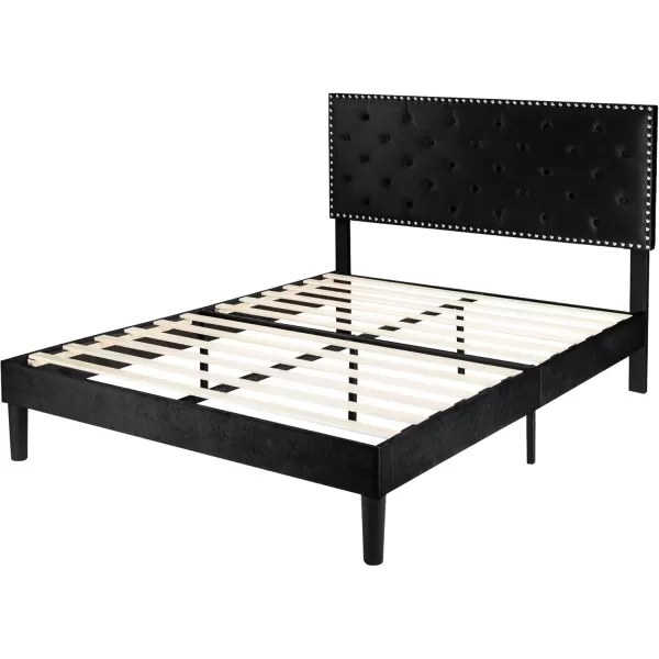 Allewie King Bed Frame Velvet Upholstered Platform Bed with Adjustable Diamond Button Tufted ampamp Nailhead Trim Headboard Wood Slat Support Easy Assembly No Box Spring Needed Dark GreenBlack