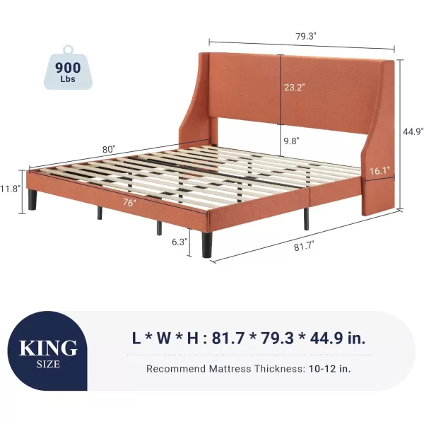 Allewie King Size Bed Frame Platform Bed Frame with Upholstered Headboard Modern Deluxe Wingback Wood Slat Support Mattress Foundation Peacock GreenBurnt Orange