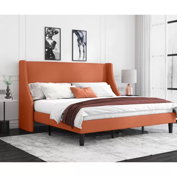 Allewie King Size Bed Frame Platform Bed Frame with Upholstered Headboard Modern Deluxe Wingback Wood Slat Support Mattress Foundation Peacock GreenBurnt Orange