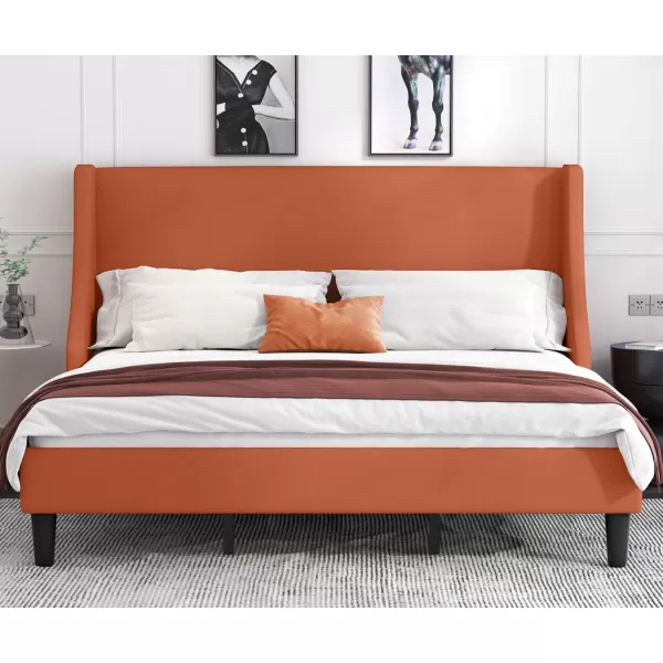 Allewie King Size Bed Frame Platform Bed Frame with Upholstered Headboard Modern Deluxe Wingback Wood Slat Support Mattress Foundation Peacock GreenBurnt Orange