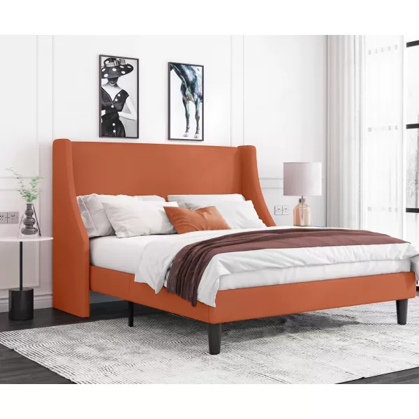 Allewie King Size Bed Frame Platform Bed Frame with Upholstered Headboard Modern Deluxe Wingback Wood Slat Support Mattress Foundation Peacock GreenBurnt Orange