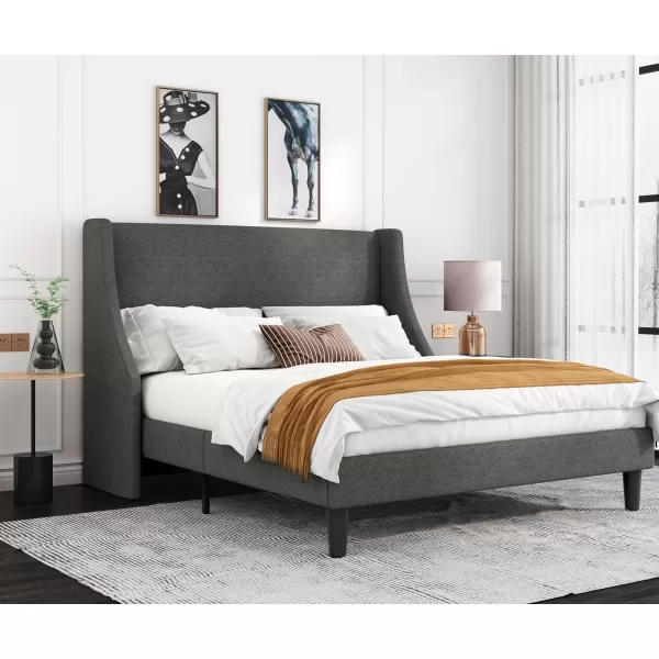 Allewie King Size Bed Frame Platform Bed Frame with Upholstered Headboard Modern Deluxe Wingback Wood Slat Support Mattress Foundation Peacock GreenDark Grey