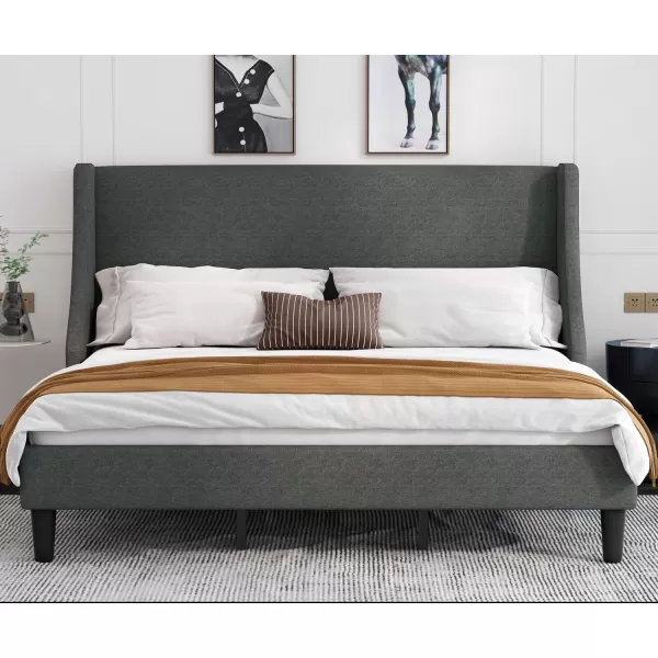 Allewie King Size Bed Frame Platform Bed Frame with Upholstered Headboard Modern Deluxe Wingback Wood Slat Support Mattress Foundation Peacock GreenDark Grey