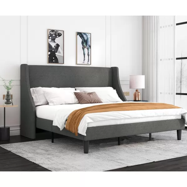 Allewie King Size Bed Frame Platform Bed Frame with Upholstered Headboard Modern Deluxe Wingback Wood Slat Support Mattress Foundation Peacock GreenDark Grey