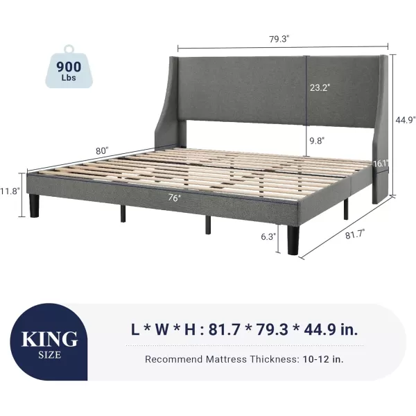 Allewie King Size Bed Frame Platform Bed Frame with Upholstered Headboard Modern Deluxe Wingback Wood Slat Support Mattress Foundation Peacock GreenLight Grey