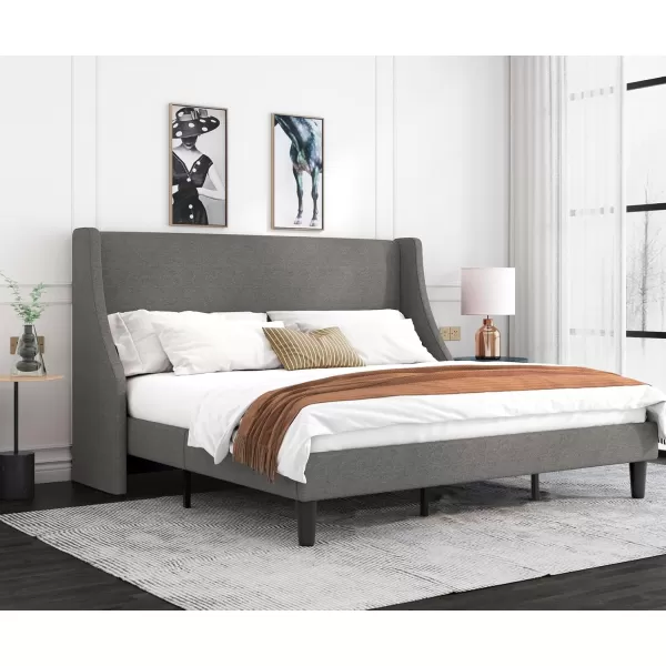 Allewie King Size Bed Frame Platform Bed Frame with Upholstered Headboard Modern Deluxe Wingback Wood Slat Support Mattress Foundation Peacock GreenLight Grey