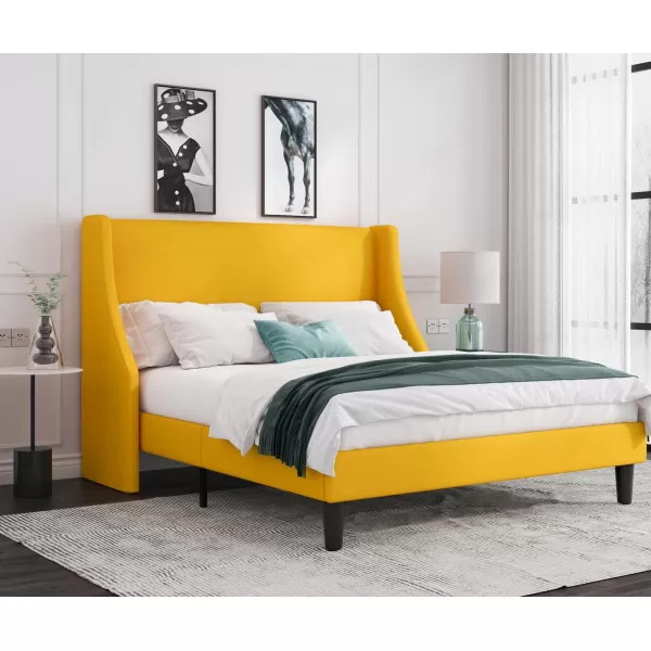 Allewie King Size Bed Frame Platform Bed Frame with Upholstered Headboard Modern Deluxe Wingback Wood Slat Support Mattress Foundation Peacock GreenLight Yellow