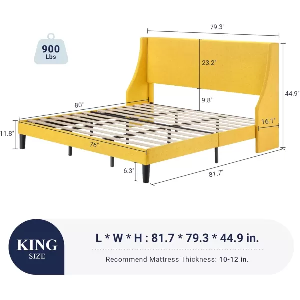 Allewie King Size Bed Frame Platform Bed Frame with Upholstered Headboard Modern Deluxe Wingback Wood Slat Support Mattress Foundation Peacock GreenLight Yellow