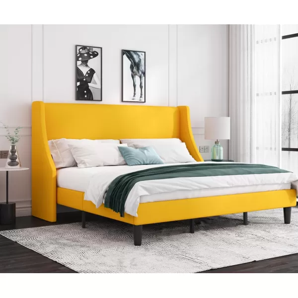 Allewie King Size Bed Frame Platform Bed Frame with Upholstered Headboard Modern Deluxe Wingback Wood Slat Support Mattress Foundation Peacock GreenLight Yellow