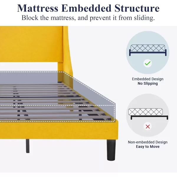 Allewie King Size Bed Frame Platform Bed Frame with Upholstered Headboard Modern Deluxe Wingback Wood Slat Support Mattress Foundation Peacock GreenLight Yellow