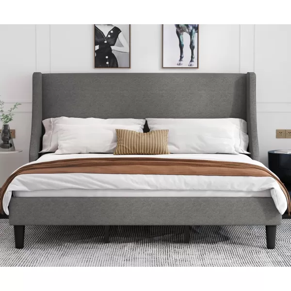 Allewie King Size Bed Frame Platform Bed Frame with Upholstered Headboard Modern Deluxe Wingback Wood Slat Support Mattress Foundation Peacock GreenLight Grey