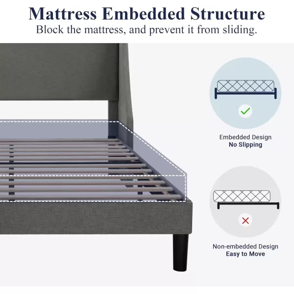 Allewie King Size Bed Frame Platform Bed Frame with Upholstered Headboard Modern Deluxe Wingback Wood Slat Support Mattress Foundation Peacock GreenLight Grey