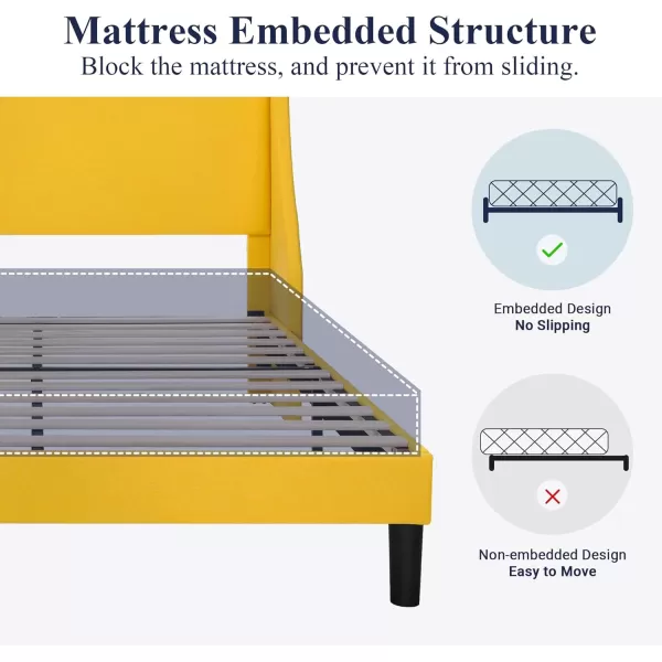 Allewie King Size Bed Frame Platform Bed Frame with Upholstered Headboard Modern Deluxe Wingback Wood Slat Support Mattress Foundation Peacock GreenLight Yellow