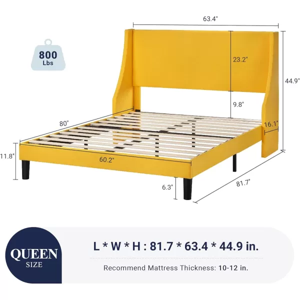 Allewie King Size Bed Frame Platform Bed Frame with Upholstered Headboard Modern Deluxe Wingback Wood Slat Support Mattress Foundation Peacock GreenLight Yellow