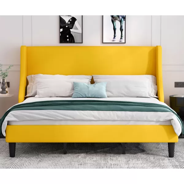 Allewie King Size Bed Frame Platform Bed Frame with Upholstered Headboard Modern Deluxe Wingback Wood Slat Support Mattress Foundation Peacock GreenLight Yellow