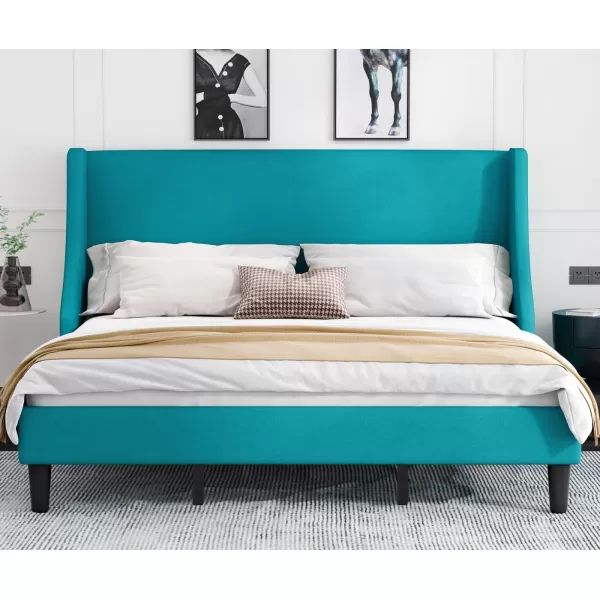 Allewie King Size Bed Frame Platform Bed Frame with Upholstered Headboard Modern Deluxe Wingback Wood Slat Support Mattress Foundation Peacock GreenPeacock Green