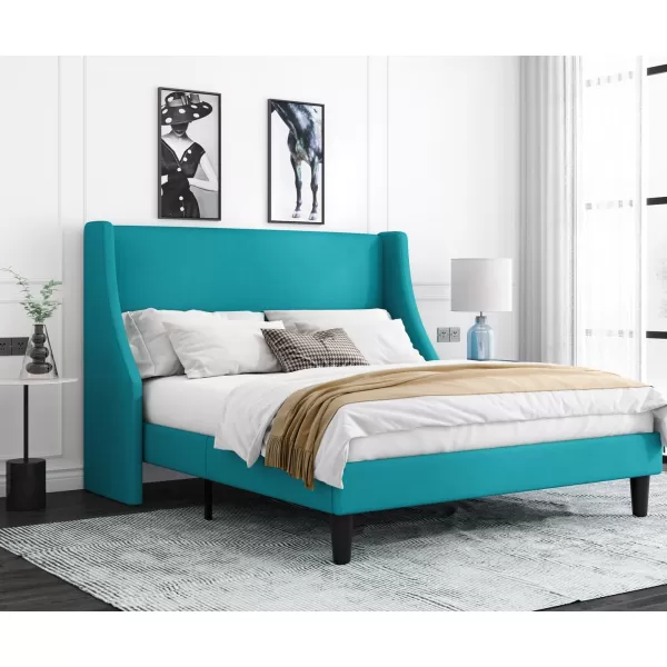 Allewie King Size Bed Frame Platform Bed Frame with Upholstered Headboard Modern Deluxe Wingback Wood Slat Support Mattress Foundation Peacock GreenPeacock Green