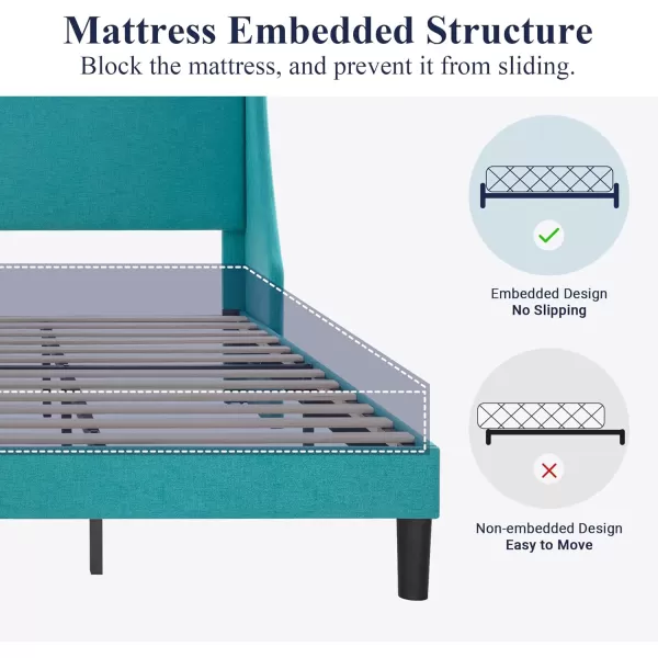 Allewie King Size Bed Frame Platform Bed Frame with Upholstered Headboard Modern Deluxe Wingback Wood Slat Support Mattress Foundation Peacock GreenPeacock Green