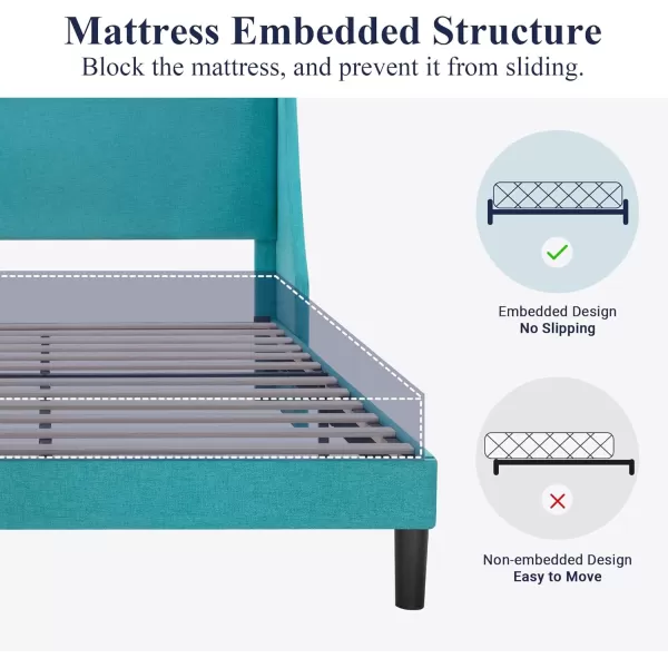 Allewie King Size Bed Frame Platform Bed Frame with Upholstered Headboard Modern Deluxe Wingback Wood Slat Support Mattress Foundation Peacock GreenPeacock Green