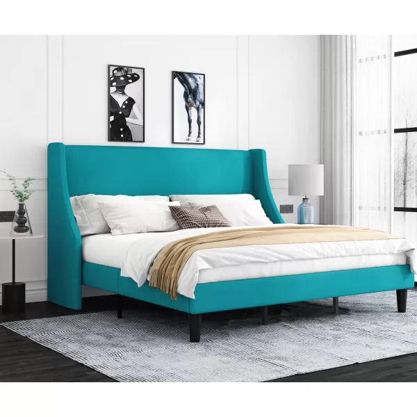 Allewie King Size Bed Frame Platform Bed Frame with Upholstered Headboard Modern Deluxe Wingback Wood Slat Support Mattress Foundation Peacock GreenPeacock Green