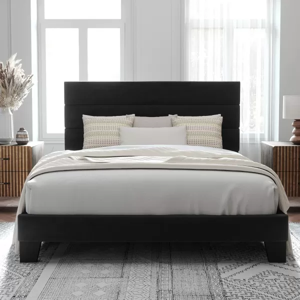 Allewie King Size Platform Bed Frame with Velvet Upholstered Headboard and Wooden Slats Support Fully Upholstered Mattress FoundationNo Box Spring NeededEasy Assembly BlackBlack