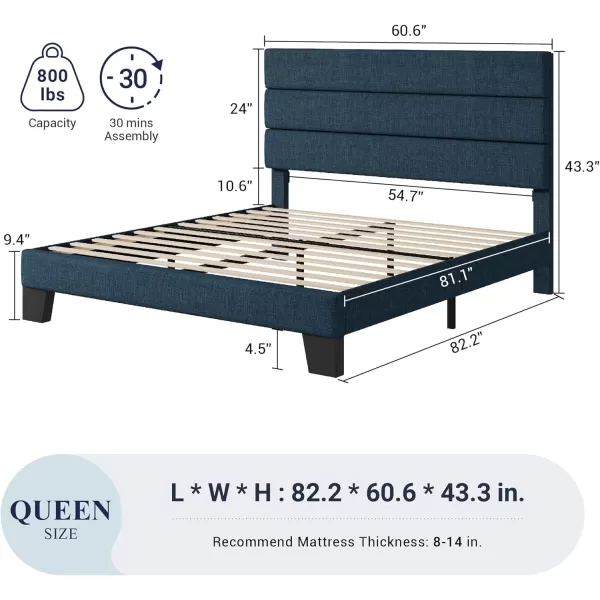 Allewie King Size Platform Bed Frame with Velvet Upholstered Headboard and Wooden Slats Support Fully Upholstered Mattress FoundationNo Box Spring NeededEasy Assembly BlackNavy Blue