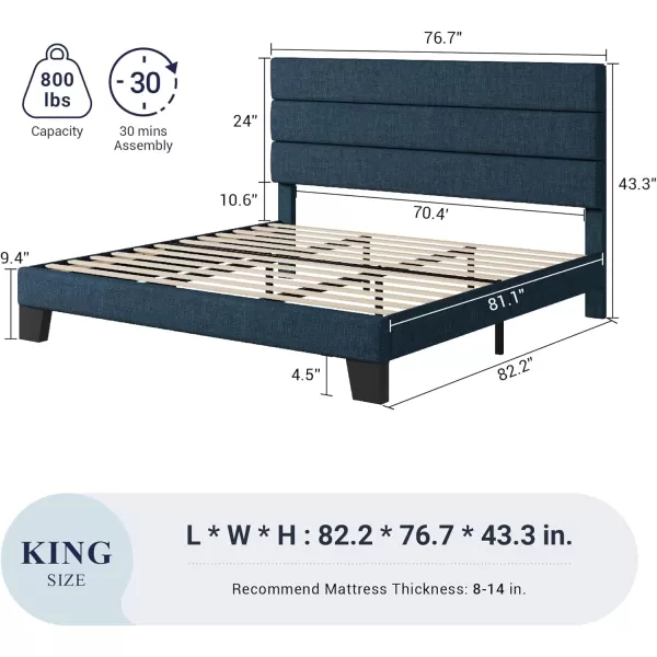 Allewie King Size Platform Bed Frame with Velvet Upholstered Headboard and Wooden Slats Support Fully Upholstered Mattress FoundationNo Box Spring NeededEasy Assembly BlackNavy Blue