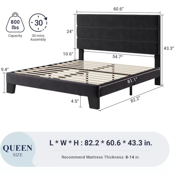 Allewie King Size Platform Bed Frame with Velvet Upholstered Headboard and Wooden Slats Support Fully Upholstered Mattress FoundationNo Box Spring NeededEasy Assembly BlackBlack