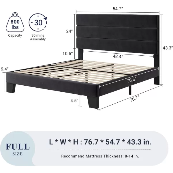 Allewie King Size Platform Bed Frame with Velvet Upholstered Headboard and Wooden Slats Support Fully Upholstered Mattress FoundationNo Box Spring NeededEasy Assembly BlackBlack