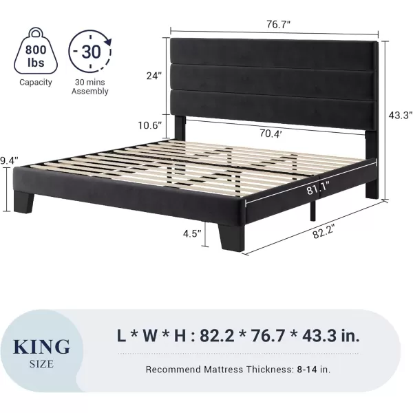 Allewie King Size Platform Bed Frame with Velvet Upholstered Headboard and Wooden Slats Support Fully Upholstered Mattress FoundationNo Box Spring NeededEasy Assembly BlackBlack