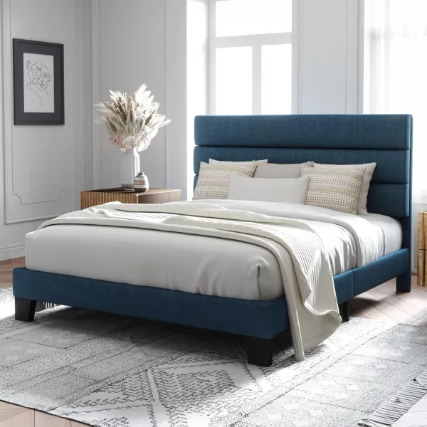 Allewie King Size Platform Bed Frame with Velvet Upholstered Headboard and Wooden Slats Support Fully Upholstered Mattress FoundationNo Box Spring NeededEasy Assembly BlackNavy Blue