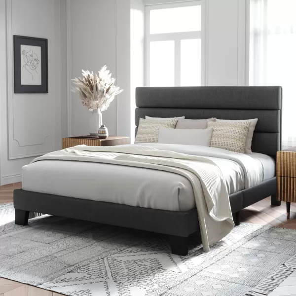 Allewie King Size Platform Bed Frame with Velvet Upholstered Headboard and Wooden Slats Support Fully Upholstered Mattress FoundationNo Box Spring NeededEasy Assembly BlackDark Grey