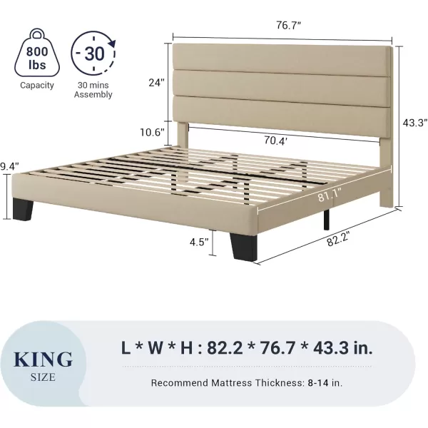 Allewie King Size Platform Bed Frame with Velvet Upholstered Headboard and Wooden Slats Support Fully Upholstered Mattress FoundationNo Box Spring NeededEasy Assembly BlackBeige