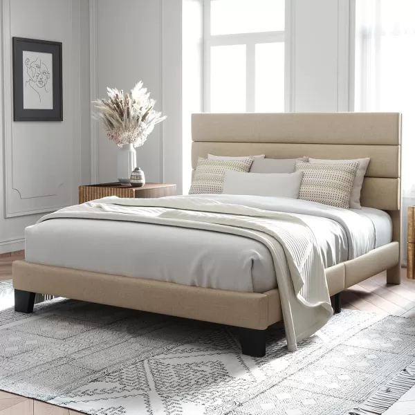 Allewie King Size Platform Bed Frame with Velvet Upholstered Headboard and Wooden Slats Support Fully Upholstered Mattress FoundationNo Box Spring NeededEasy Assembly BlackBeige