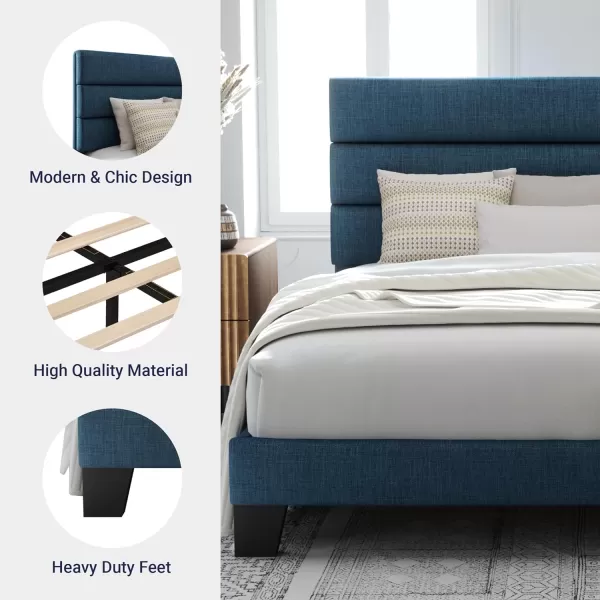 Allewie King Size Platform Bed Frame with Velvet Upholstered Headboard and Wooden Slats Support Fully Upholstered Mattress FoundationNo Box Spring NeededEasy Assembly BlackNavy Blue